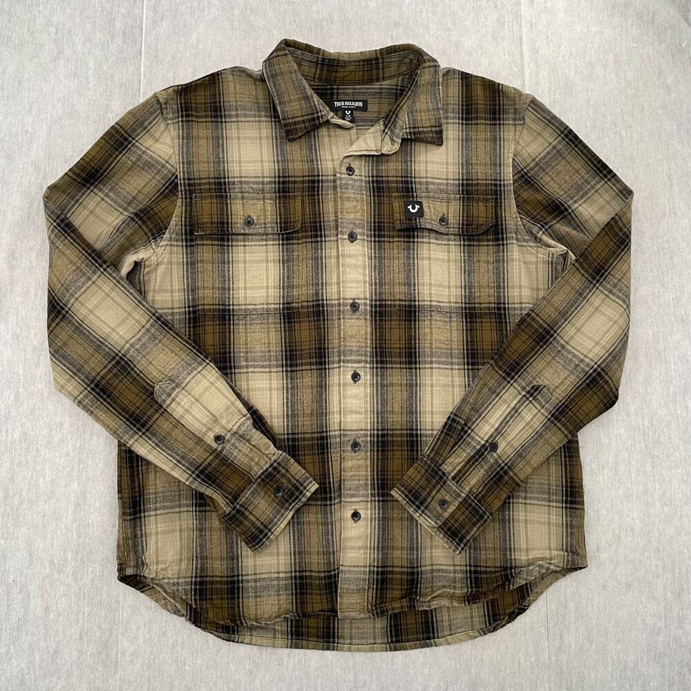 True Religion Shirt Adult Large Brown Flannel Long Sleeve Triple Needle Mens L